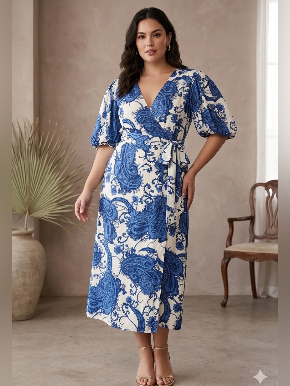 White Closet Elements Paisley Wrap Dress Large Blue Puff Sleeve Boho Cottage